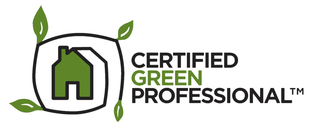 A green house icon is surrounded by four leaves on an empty background. The text reads "Certified Green Professional" with "Green" in green letters.
