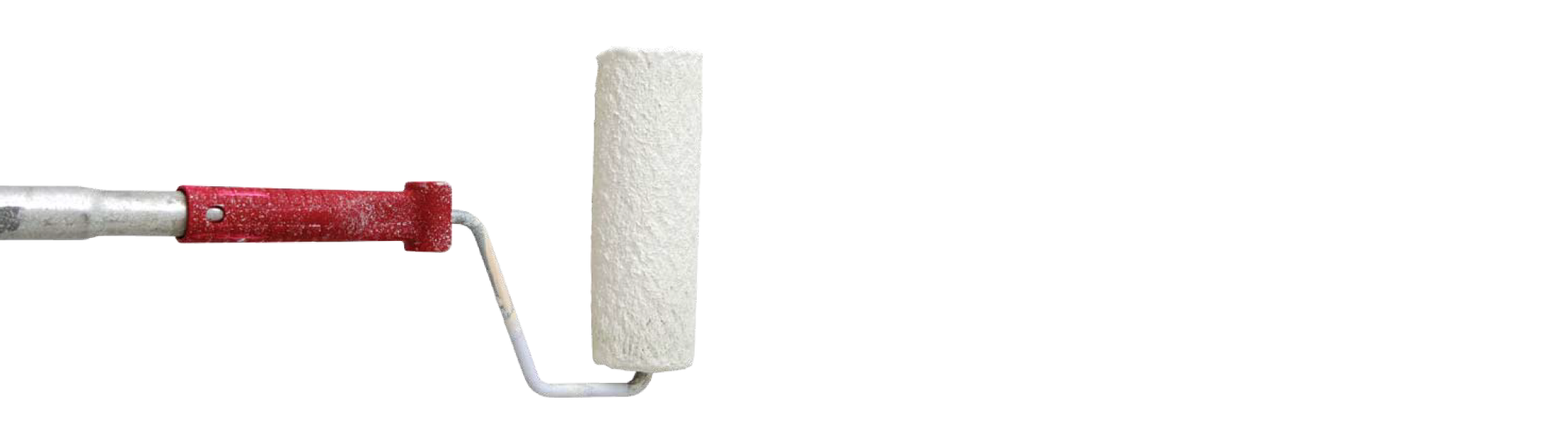 A white paint roller with a red handle is centered against a blank background. To the right, white text discusses home painting and durability. The tone is professional and informative.