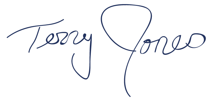 Blue cursive signature on an empty background, reading "Terry Jones." The script is elegant and flowing, conveying a sense of sophistication.